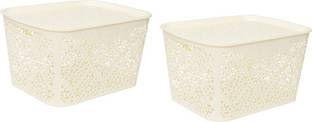 Flipkart SmartBuy Plastic Small Turkish Baskets Small with Lid for Kitchen | Office | Pen | Pencil | Colours Utility | Cosmetics | Accessories | Closet | Wardrobe - White | Set of 2 Storage Basket (Pack of 2) Storage Basket