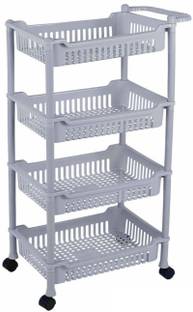 3ड मेट्रो सुपर स्टोर 4 Layer Plastic Storage Basket With Wheel & Handel Multipurpose Kitchen Rack स्टोरेज बास्केट