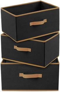 justsmartkart Multipurposes Rectangular Foldable Cloth Organizer with Handle Black,(PACK OF 3) Storage Box