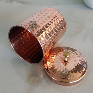 IndianArtVilla Copper Hammered Box, 700 ML  - 700 ml तांबा ग्रोसरी कंटेनर