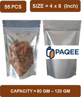 PAQEE One Side Silver One Side Transparent Standy Pouch (Capacity - 100 Gm to 150 gm) Polypropylene Storage Pouch