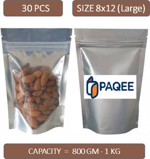 Raga Plus One Side Silver One Side Transparent Standy Pouch 8x12 (Capacity 800GM - 1KG) Polypropylene Storage Pouch