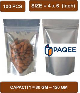 PAQEE One Side Silver One Side Transparent Standy Pouch (Capacity - 100 Gm to 150 gm) Polypropylene Storage Pouch
