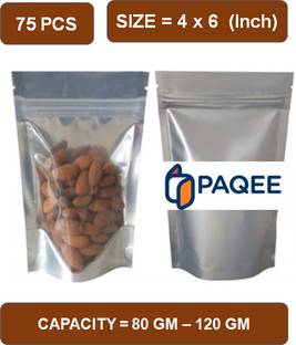 PAQEE One Side Silver One Side Transparent Standy Pouch (Capacity - 100 Gm to 150 gm) Polypropylene Storage Pouch