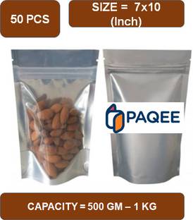 PAQEE One Side Silver One Side Transparent Standy Pouch (Capacity - 500 Gm to 750 gm) Polypropylene Storage Pouch
