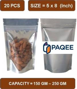PAQEE One Side Silver One Side Transparent Standy Pouch (Capacity - 150 Gm to 250 gm) Polypropylene Storage Pouch