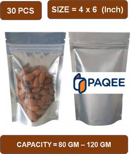 PAQEE One Side Silver One Side Transparent Standy Pouch (Capacity - 100 Gm to 150 gm) Polypropylene Storage Pouch