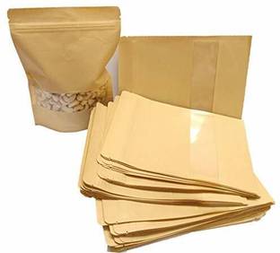 Adaamya 50 Pcs - 250 gm Reusable Kraft paper Standee Pouch with window for Spices Paper Storage Pouch