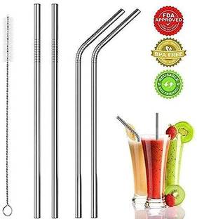SKOLL Stainless Steel Reusable Metal Straw, Set of 4(2 Straight+2 Bent)+Cleaning Brush