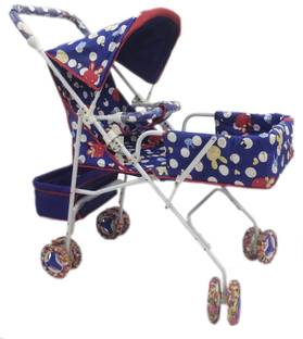 SWINGISH Kids Toy Doll Pram Stroller with Canopy, Blue and Red Polka Dot Pattern Stroller