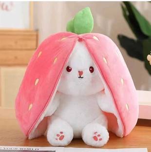 happykiddy Reversable Cute Plush Big Ears Strawberry Bunny Premium Quality  - 34 cm