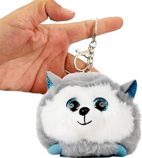 PunToon Kids Fluffy Mini Soft Toy Husky Keychain for kids | Cute Bag Charm Dog Keychains  - 8 cm