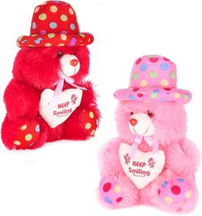 Topgrow Soft Teddy Bear Cap Style with Heart Multicolour Red.Pink Set of 2 (12 inch)  - 12 inch