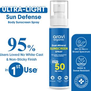 Aravi Organic Sunscreen - SPF 50 PA++++ Dual Mineral Sunscreen Body Spray with Zinc Oxide & Titanium Dioxide