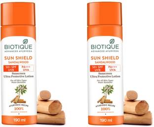 BIOTIQUE Sunscreen - SPF 50 PA+++ Sun Shield Sandalwood Sunscreen Ultra Protective Lotion - 190ml (Pack of2)