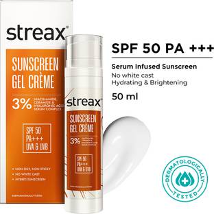 Streax Sunscreen - SPF 50 PA+++ Sunscreen Gel Crme SPF 50 PA+++, 50g | 3% Niacinamide | Non-Oily