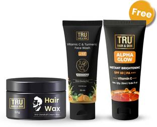 TRU HAIR & SKIN Sunscreen - SPF 50 PA+++ Alpha Glow Cream SPF50 25ml + Hair Wax 50g + Vitamin C Face Wash 50ml