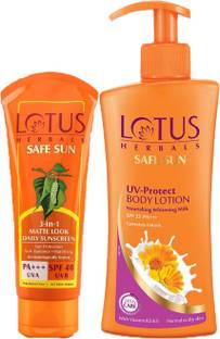 LOTUS HERBALS Sunscreen - SPF 50 Safesun 3 in 1 Matte Look Sunscreen SPF40_100G & UV Protect Body Lotion 250ml