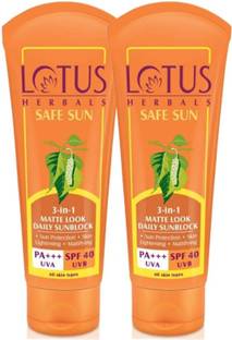 LOTUS HERBALS Sunscreen - SPF 50 PA+++ Safe Sun 3in1 matte look daily sun block (pack of 2)