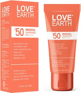 LOVE EARTH Sunscreen - SPF 50 PA++++ Mineral Sunscreen|No White Cast |UV Protection|Non-Oily|Non-Greasy| Paraben-Free