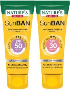 Nature's Essence Sunscreen - SPF 50 PA+++ Sun Ban Sunscreen & Tan Block Lotion SPF 50 + SPF 30 [60ML Pack Of 2 ] 120Ml