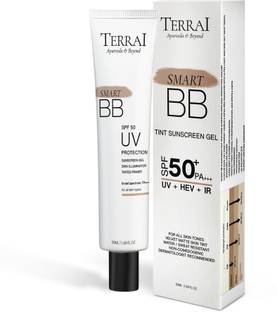 Terrai Sunscreen - SPF 50 PA+++ Smart BB Sunscreen Gel, Lightweight Tinted Primer, Matte Finish, Instant Glow