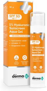 The Derma Co Sunscreen - SPF 50 PA++++ 1% Hyaluronic Sunscreen Aqua Ultra Light Gel with SPF 50 PA++++ For Broad Spectrum, UV A, UV B & Blue Light Protection