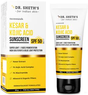 Dr. Sheth's Sunscreen - SPF 50 PA++++ Kesar & Kojic Acid Sunscreen | For Pigmentation-Free Skin | No White Cast