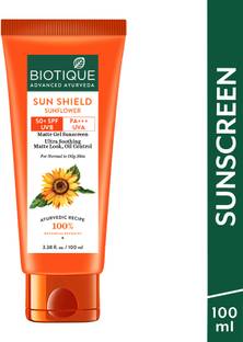 BIOTIQUE Sunscreen - SPF 50+ PA+++ Sun Shield Sunflower Lotion UVB/UVA |Ultra Soothning Matte Look, Oil Control