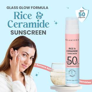 GLAMVEDA Sunscreen - SPF 50 PA+++ Rice & Ceramide Korean Glass Skin Dewy Sunscreen SPF 50, No White Cast ,Dry Skin