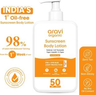 Aravi Organic Sunscreen - SPF 50 PA++++ Oil-Free Sunscreen Body Lotion with SPF 50 PA++++,UVA/UVB Protection & Hydration
