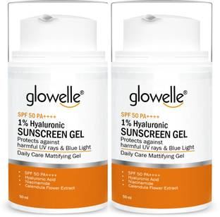glowelle Sunscreen - SPF 50 PA++++ Gel 1% Hyaluronic Acid & Niacinamide Matte Finish Protects UV & Blue Light