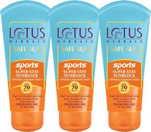 LOTUS HERBALS Sunscreen - SPF 50 PA+++ Safe Sun Sports Super Stay SunBlock SPF 70 _ 40g ( Pack of 3 )