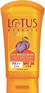 LOTUS HERBALS Sunscreen - SPF 30 PA++ Sun Block Cream Sweat & Water Proof, Non Greasy SPF 30 PA++