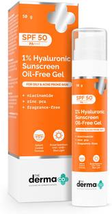 The Derma Co Sunscreen - SPF 50 PA++++ 1% Hyaluronic Sunscreen Oil-Free Gel | Lightweight, For Oily & Acne-Prone Skin