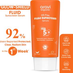 Aravi Organic Sunscreen - SPF 50 PA++++ Oil-Free Fluid Sunscreen Serum SPF 50++++ with Hyaluronic Acid, Vitamin C - 50ml