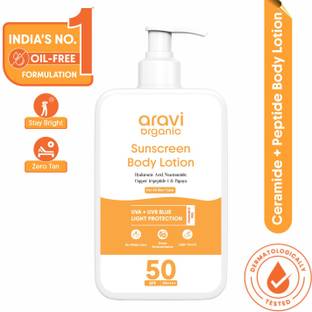 Aravi Organic Sunscreen - SPF 50 PA++++ Oil-Free Sunscreen Body Lotion with SPF 50 PA++++,UVA/UVB Protection & Hydration