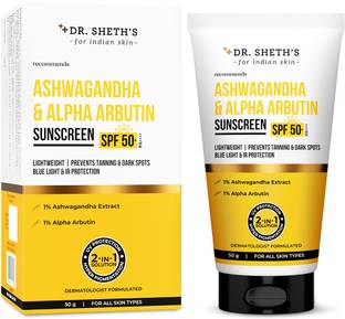 Dr. Sheth's Sunscreen - SPF 50 PA++++ Ashwagandha & Alpha Arbutin Sunscreen | 2 in 1 Solution for Hyper Pigmentation
