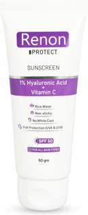 Renon Sunscreen - SPF 50 PA+++ 1 % Hyaluronic Aqua Gel Sunscreen|Vitamin C+Rice Water|No white Cast |Non Sticky