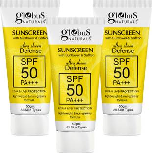 Globus Naturals Sunscreen - SPF 50 PA+++ Sunscreen with Ultra Sheen Defense, UVA & UVB Protection, Set of 3