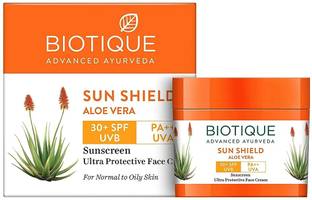 BIOTIQUE Sunscreen - SPF 50 PA++ Sun Shield Aloe vera 30+ SPF UVB Sunscreen Ultra Protectective Face Cream, 50g