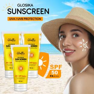 Globus Remedies Sunscreen - SPF 50 PA+++ Glosika Sunscreen Lotion, Up to 12hrs Protection with almond & Rose Extract -