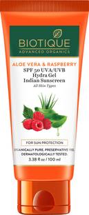 BIOTIQUE Sunscreen - SPF 50 PA++ Aloe Vera & Raspberry Spf 50 Hydra Gel Indian Sunscreen 100g