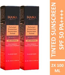 Hana Beauty Sunscreen - SPF 50 PA++++ Pollutant Protection Sunscreen Tinted SPF 50 PA++++ (100ml) (Pack of 2)