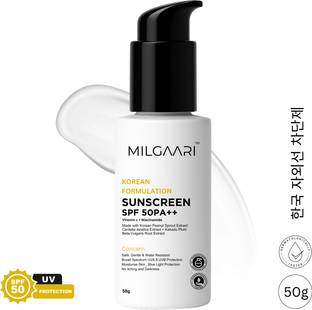 milgaari Sunscreen - SPF 50 PA++ Korean Secrets Sunscreen SPF 50PA++ Gel Vitamin C + Niacinamide Lightweight 50g
