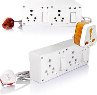 HI-PLASST (4 sockets + 2 switch +2 indicator) 16A Extension Board Multi Outlet Electrical Switch Board for Heavy Appliances with 16 amp Socket, Extension & 16 amp 3 pin Plug Top White Long Wire - 10 Yard (Free (1pc) of Conversion Plug) 4  Socket Extension Boards