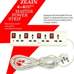 ZEAIN Master 4+4 Power Strip with Master Switch, Indicator & International Sockets. 4  Socket Extension Boards