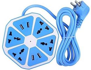 TECHEL 82 _ Hexagon Shape Extension Board 4 USB Cable Ports with Plug 4 Plug Board for Office, Home, 10Amp 2.5 Meter Wire Length 4  Socket Extension Boards
