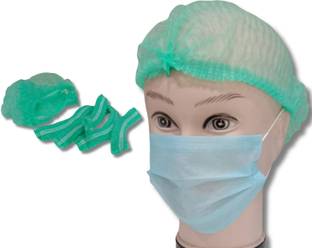 C-Cure Disposable Non Woven Bouffant Cap | Head Hair Cap for Hygiene care (200, Green) Surgical Head Cap