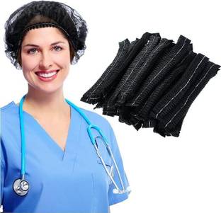 tick mark Premium Black-100pc Breathable Non-Woven Fabric Bouffant Cap|Hair Net Cap|Salon Surgical Head Cap